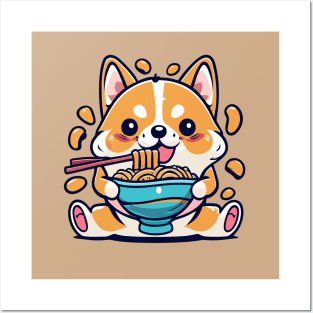 Cute Corgi Dog Eating Ramen Cute Kawaii Noodles Posters and Art